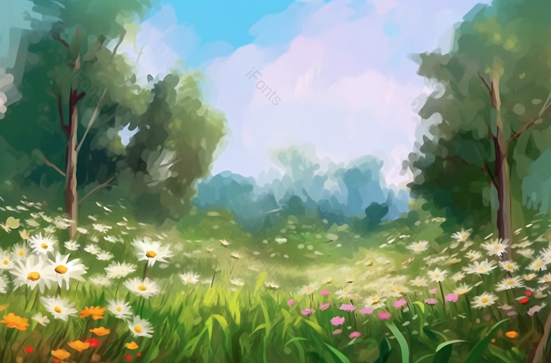绿色森林清新白花野花大树背景,插画/手绘图,插画/手绘图库,插画/手绘图下载,插画/手绘